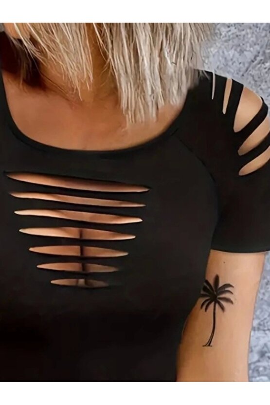 Kadın Kısa Kollu Omuz Ve Göğüs Lazer Kesik Detay Viskon Bluz