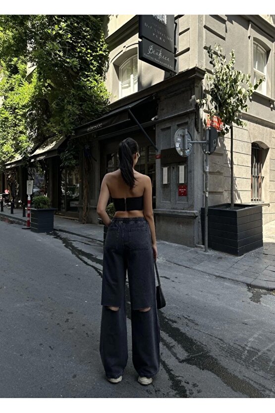 Kadın Arkadan Yırtmaçlı Jeans Kot Palazzo Pantolon - Siyah