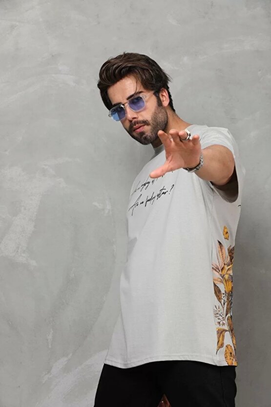 Unisex Bisiklet Yaka Baskılı Oversize T-Shirt - Gri