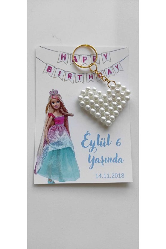 Prensesli Kartlı-incili Kalpli Hediyelik Anahtarlık Doğum Günü Hediyelik 8 Adet