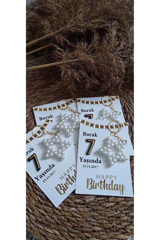 Doğum Günü Hediyelik Incili Yıldız Anahtarlık 8 Adet Anı Kartlı