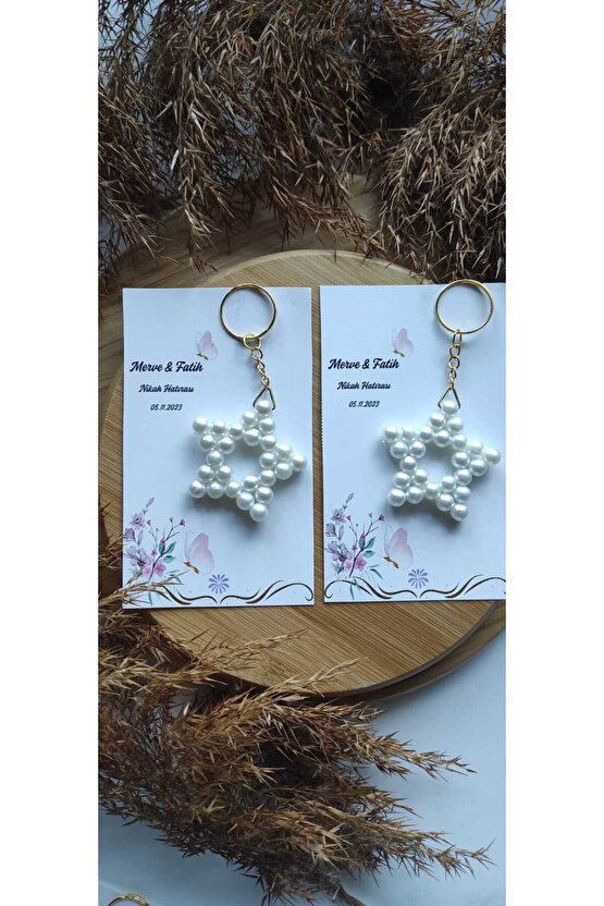 İncili Yıldız Hediyelik Anahtarlık 10 Adet-özel Tasarım Kart-söz-nişan-nikah-kına-mevlüt-baby Shower