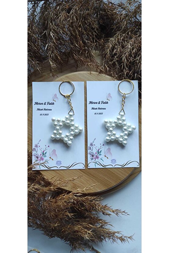 İncili Yıldız Hediyelik Anahtarlık 10 Adet-özel Tasarım Kart-söz-nişan-nikah-kına-mevlüt-baby Shower