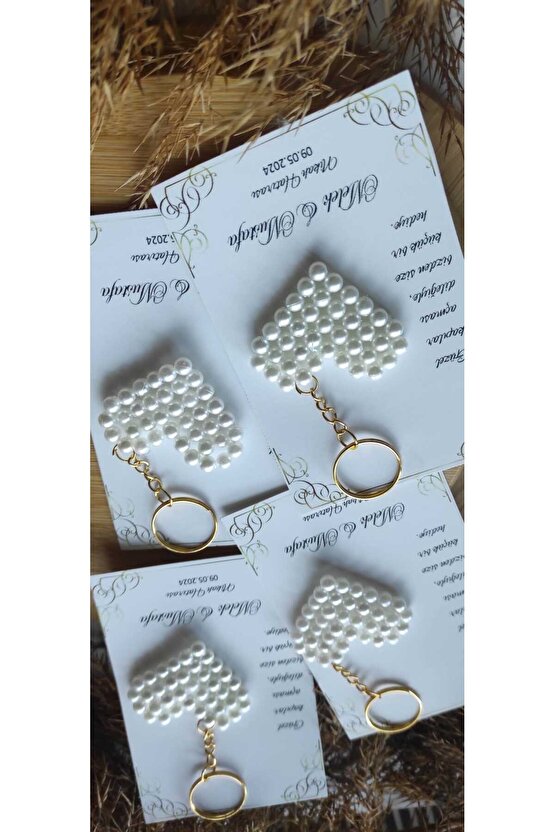 Birgülce Incili Kalp Hediyelik Anahtarlık 10 Adet Söz-nişan-nikah-mevlüt- Özel Tasarım Hatıra