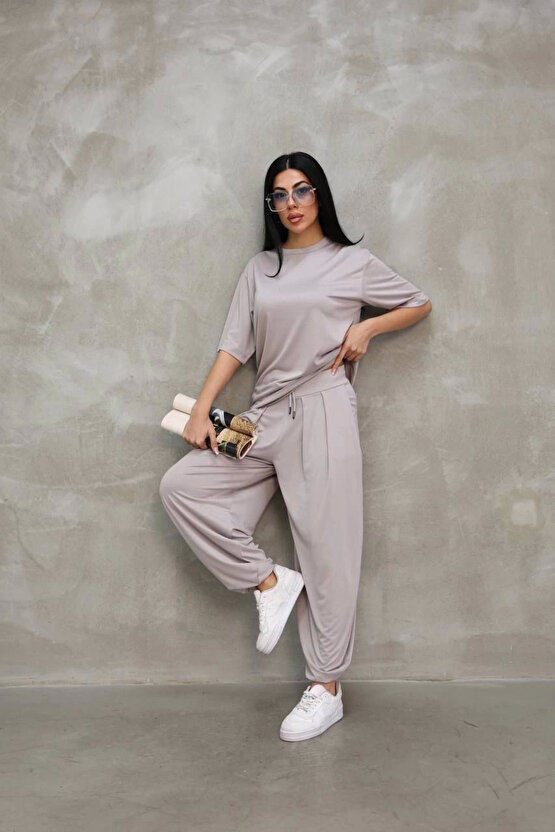 Osy Modal Yumuşak Dokulu Kumaş Oversize Bisiklet Yaka T-shirt Jogger Eşofman Altı Eşofman Takımı - G