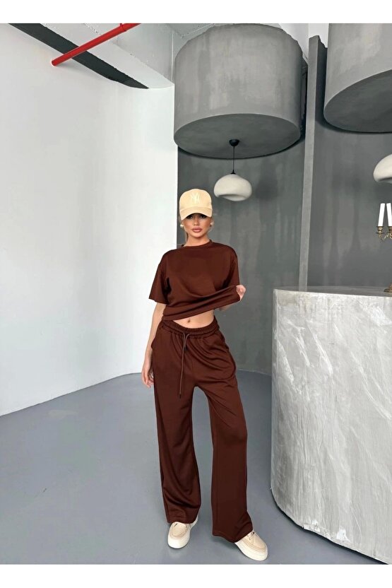 Osy Modal Yumuşak Dokulu Kumaş Kısa Kollu Bluz Rahat Pantalon ikili Takım- Kahverengi