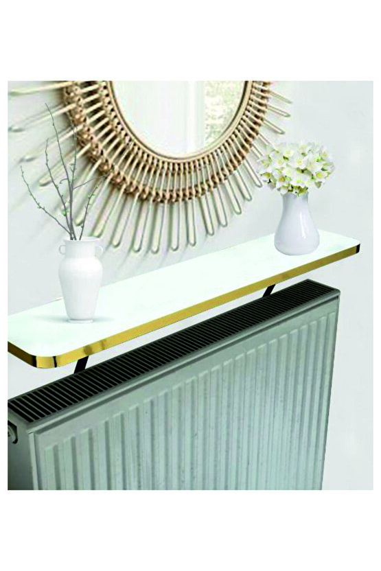 4 KÖŞE OVAL BEYAZ GOLD Petek Üstü Raf Dresuar Duvara Montajsız Kalorifer Peteği Üstü Raf 80x18cm