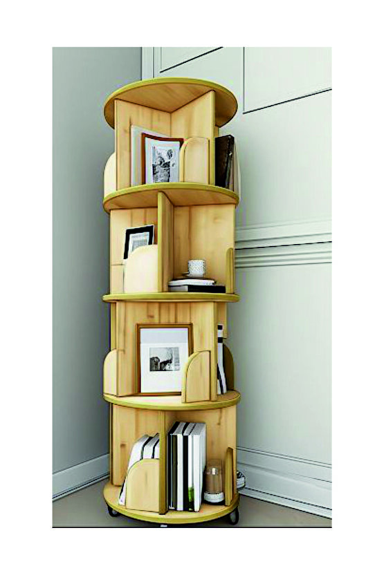 tekerlekli Dekoratif Döner Kitaplık - 133x45 Cm - Safir Meşe