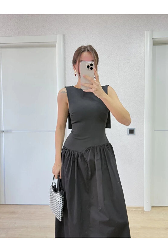 Krep Arkası Kanat Arka Ön Pens Detaylı Uzun Kadın Elbise - Siyah
