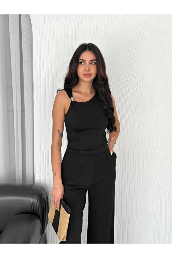 Osy Modal Yumuşak Dokulu Kumaş Bisiklet Yaka Kadın Sıfır Kol Bluz Omuz Toka Aksesuar Detaylı - Siyah