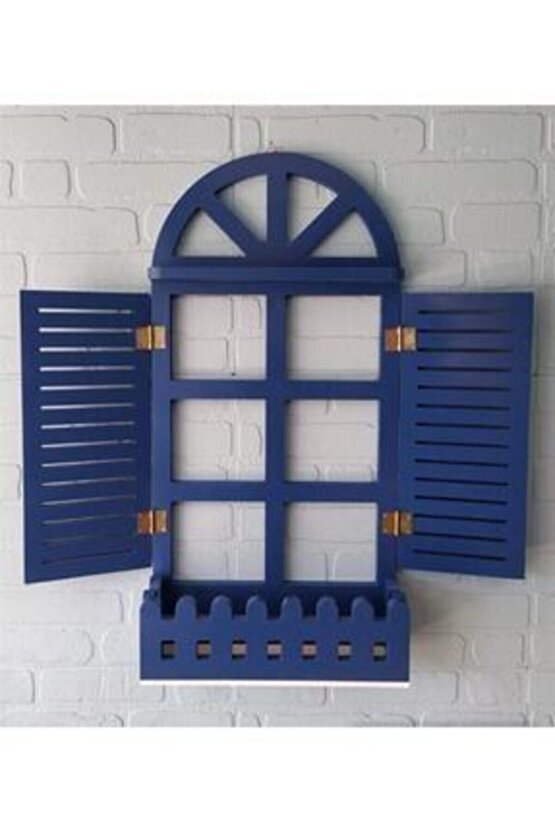 Lacivert Dekoratif Ahşap Panjur Çiçeklik Duvar Rafı