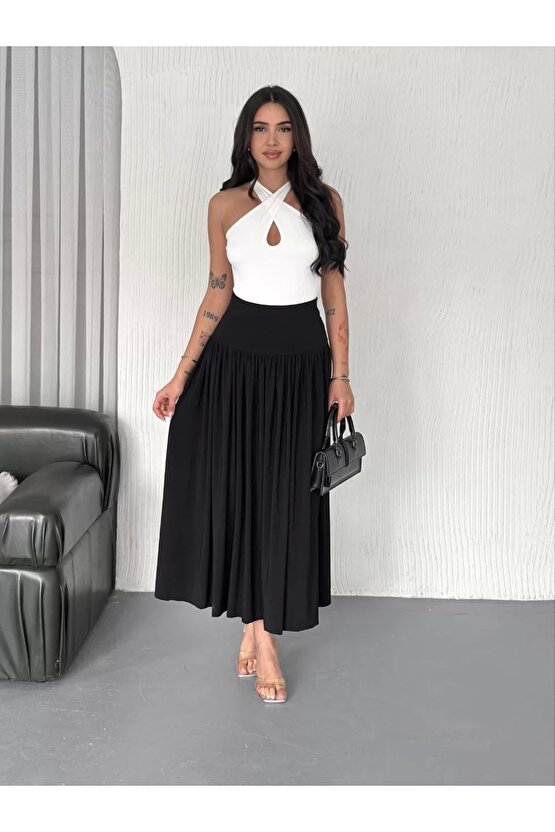 Sandy Uzun Beli Lastikli Yüksel Bel Etek Yazlık - Siyah