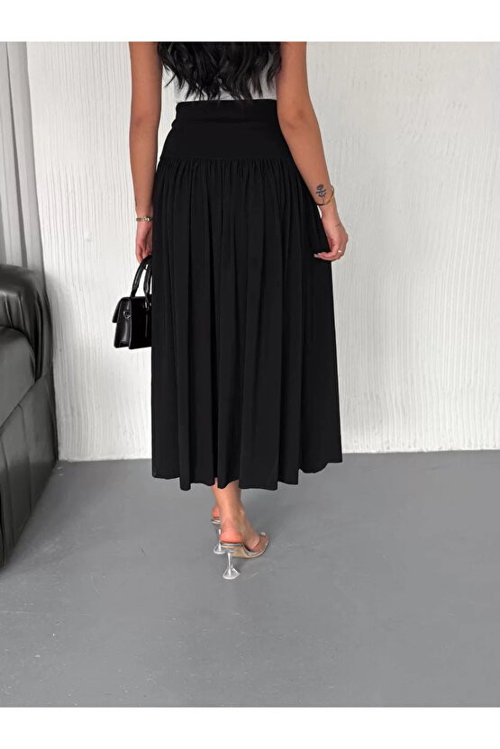 Sandy Uzun Beli Lastikli Yüksel Bel Etek Yazlık - Siyah