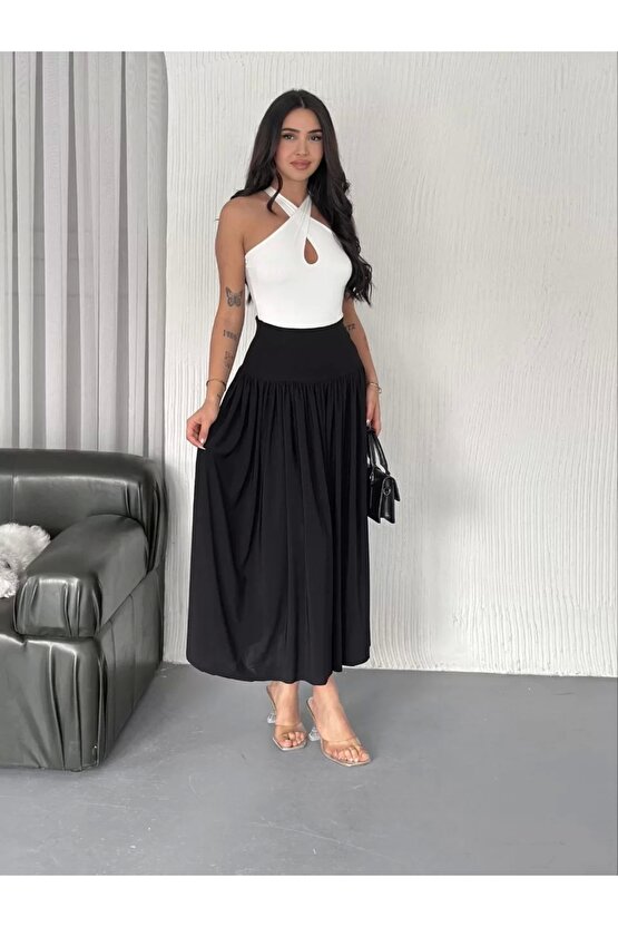 Sandy Uzun Beli Lastikli Yüksel Bel Etek Yazlık - Siyah