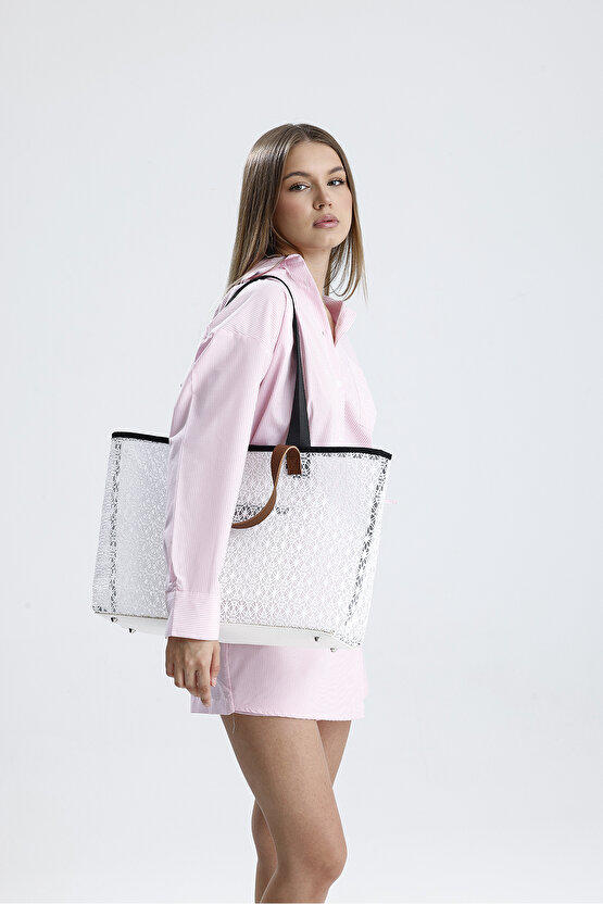 Kadın Beyaz Dantel Desenli Büyük Boy Plaj Ve Alışveriş Shopper Tote Omuz Çantası
