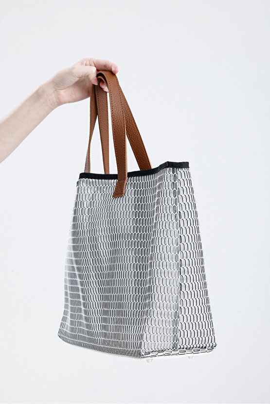 Kadın Beyaz Petek Desenli Şeffaf Büyük Boy Plaj Ve Alışveriş Shopper Tote Omuz Çantası