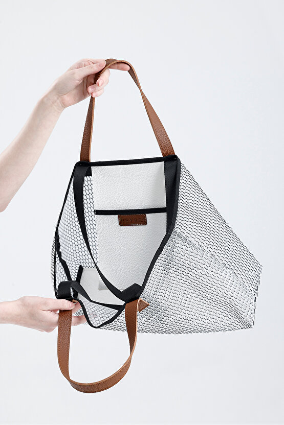 Kadın Beyaz Petek Desenli Şeffaf Büyük Boy Plaj Ve Alışveriş Shopper Tote Omuz Çantası