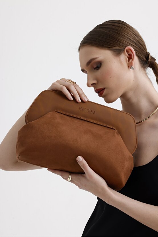 Heybes Kadın Taba Deri Detaylı Süet Clutch El Çantası