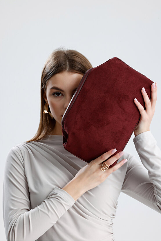 Heybes Kadın Bordo Süet Clutch El Çantası