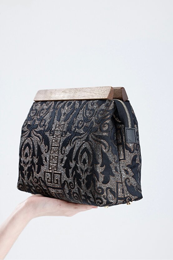 Heybes Kadın Siyah Otantik Desen Clutch Çanta