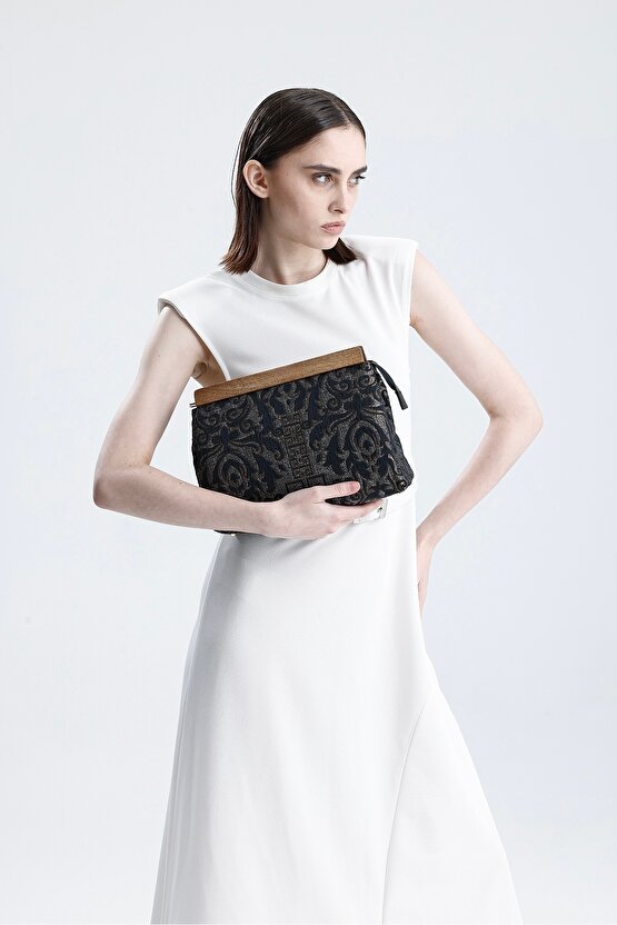 Heybes Kadın Siyah Otantik Desen Clutch Çanta