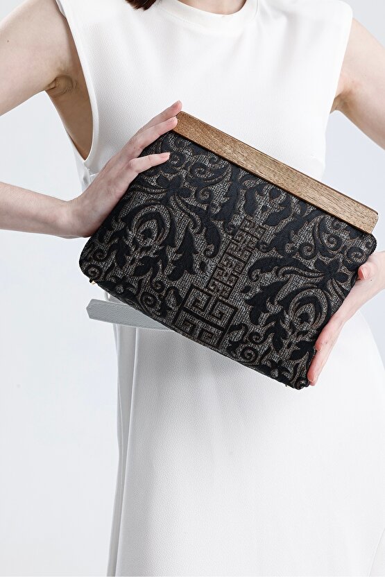 Heybes Kadın Siyah Otantik Desen Clutch Çanta