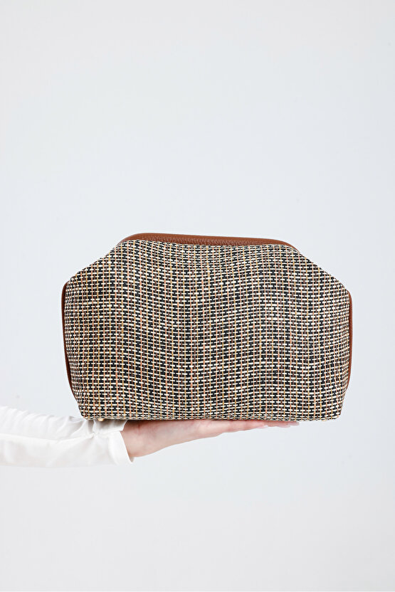 Heybes Kadın Kahve Biyeli Çizgili Jüt Hasır Clutch El Çantası