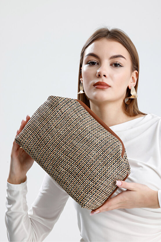 Heybes Kadın Kahve Biyeli Çizgili Jüt Hasır Clutch El Çantası