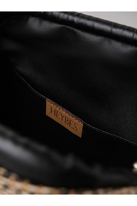 Heybes Kadın Siyah Biyeli Çizgili Jüt Hasır Clutch El Çantası