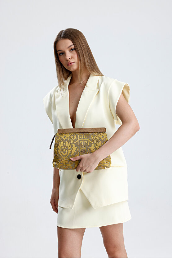 Heybes Kadın Hardal Otantik Desen Clutch Çanta