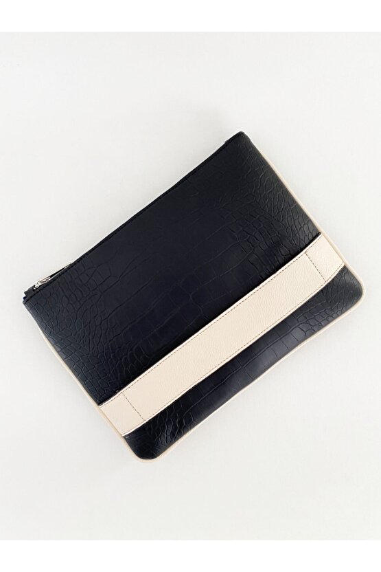 Bantlı Siyah Kroko Desenli Portföy Çanta
