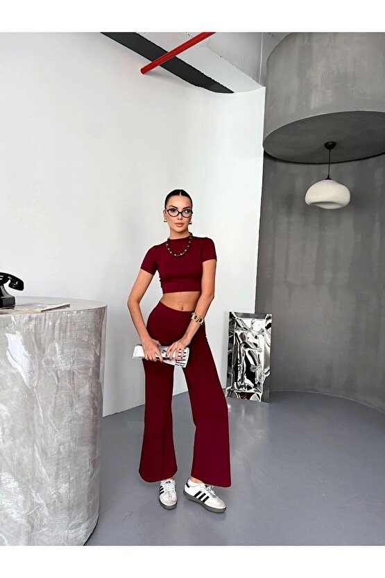 Osy Modal Yumuşak Dokulu Kumaş Kısa Kollu Crop Alt ispanyol Paça Pantalon ikili Takım - Bordo