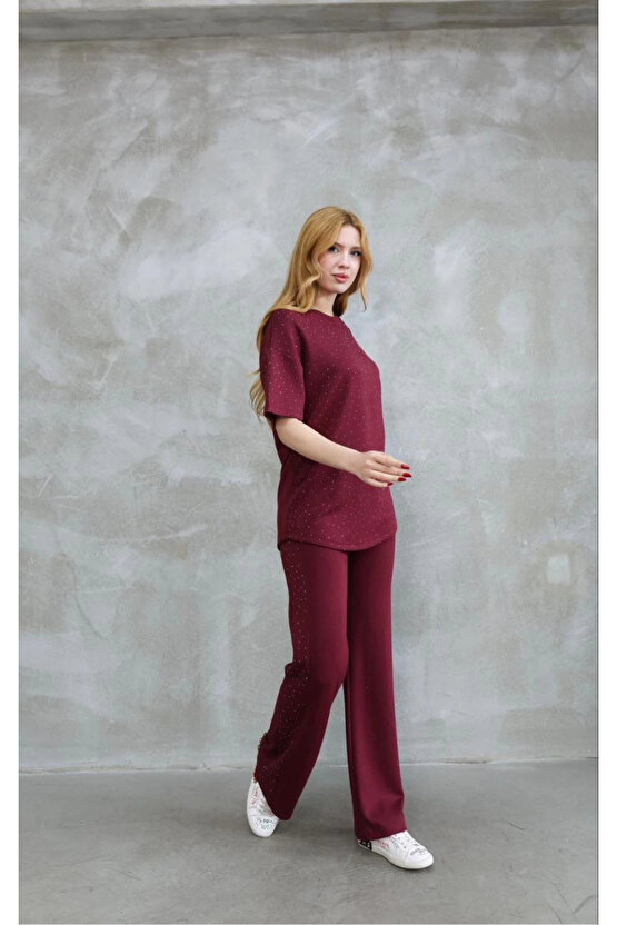 Bisiklet Yaka Taş detaylı Kısa Kollu Takım - Bordo