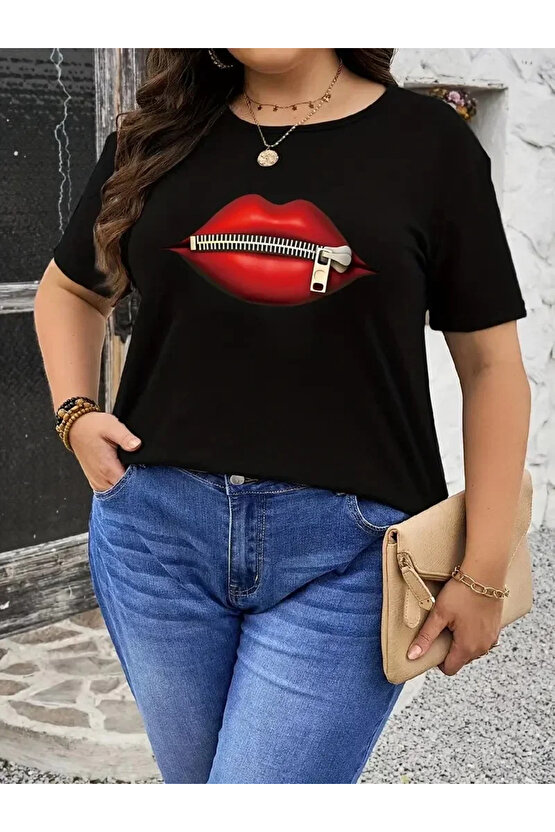 Velmora Premium fermuar dudak baskılı tişört bisiklet yaka kısa kollu tişört - Siyah -VLMR