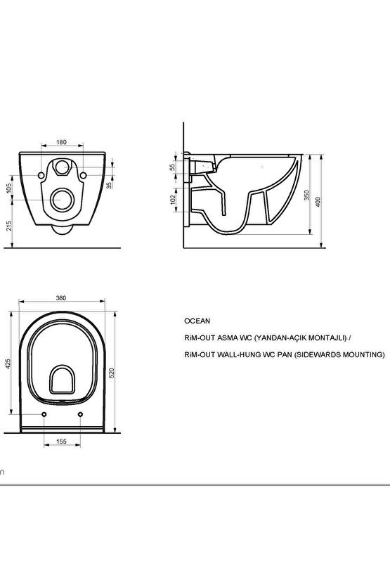 Ocean Kanalsız Asma Klozet A031171h, Yavaş Kapak