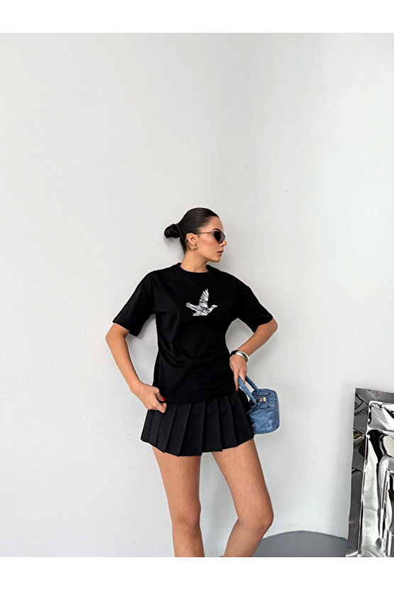 Kısa Kol Baskılı T-shirt - Siyah