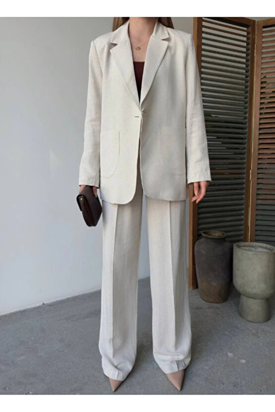 Keten Ceket Pantolon İlik Düğmeli Uzun Kollu Yırtmaçlı ikili Takım - Beyaz