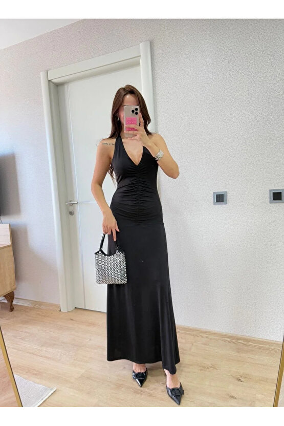 Sırt Dekolteli Uzun Kollu Elbise - Siyah