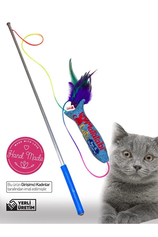 Jr.fish Sesli, Tüylü Peluş Kedi Oltası 50 Cm Kedi Oyuncağı(KEDİ NANESİOTU İÇERMEZ)al.saplı