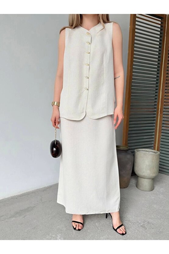 Keten Kolsuz Sıfır Yaka İlik Düğmeli Kolsuz Hırka Etek ikili Takım- Beyaz