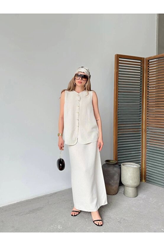 Keten Kolsuz Sıfır Yaka İlik Düğmeli Kolsuz Hırka Etek ikili Takım- Beyaz