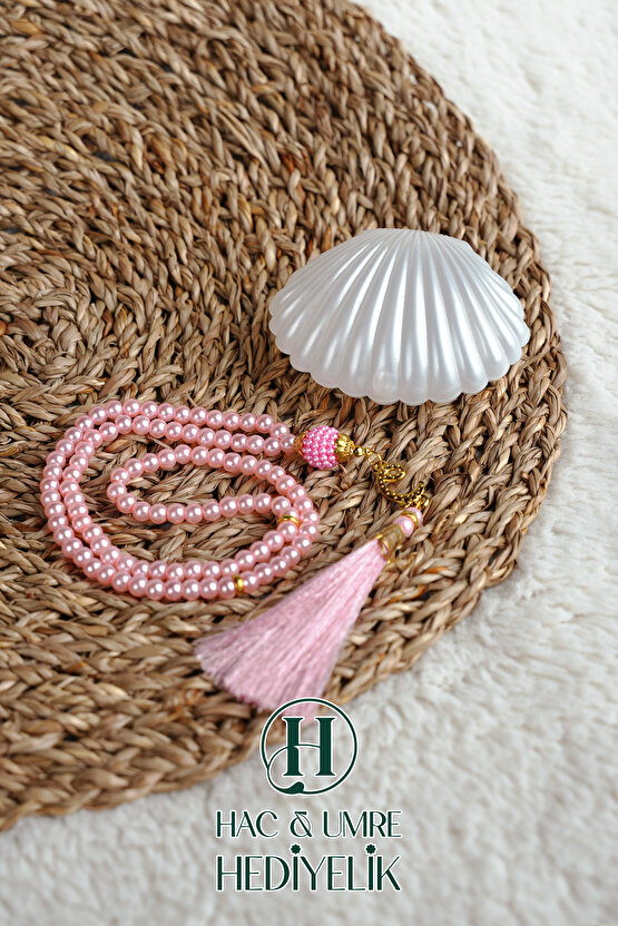 Tesbih Hediyelik | Özel Gün Davet Hediyesi | Deniz Kabuğu Kutulu 99lu İnci Tesbih Vav Süslü Püsküllü