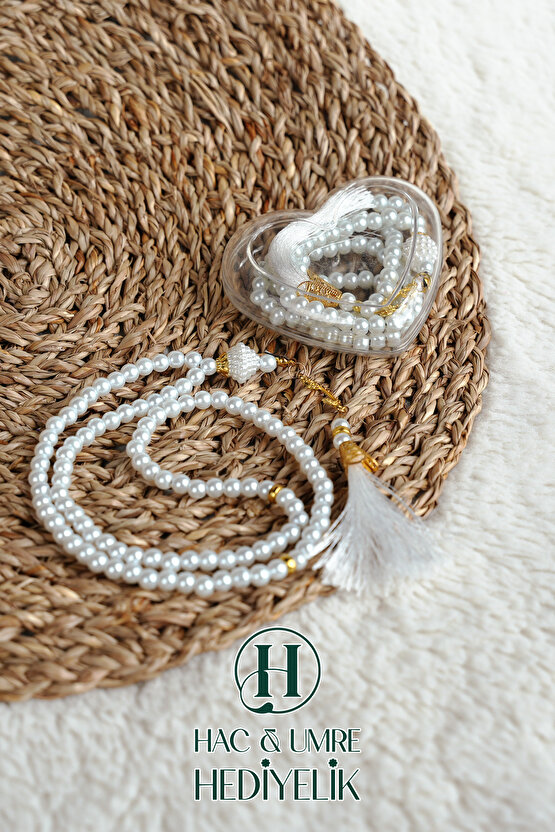 Hediyelik Tesbih | 99lu İnci Tesbih Vav İmameli Püsküllü Kalp Kutulu | Hac Umre Gün Davet Hediyesi