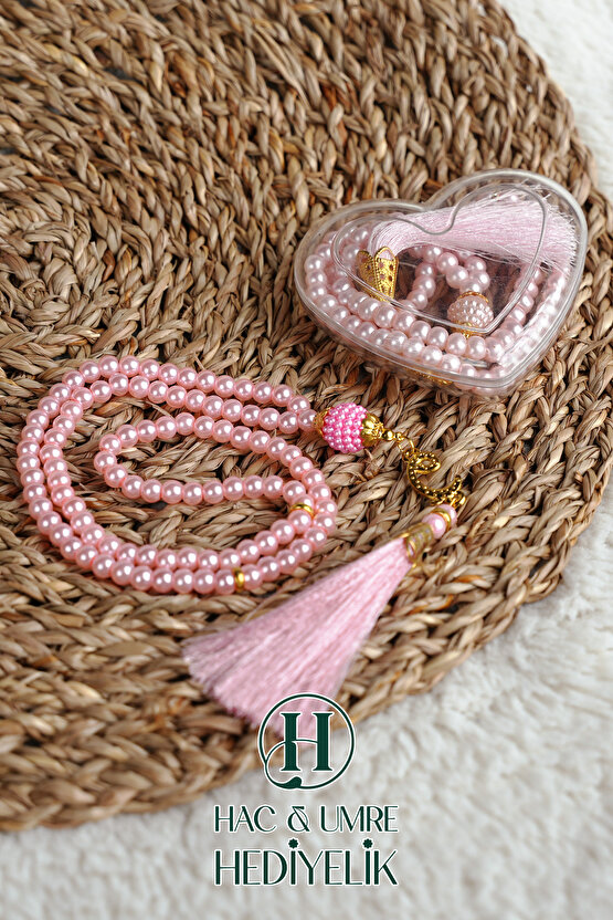 Hediyelik Tesbih | 99lu İnci Tesbih Vav İmameli Püsküllü Kalp Kutulu | Hac Umre Gün Davet Hediyesi