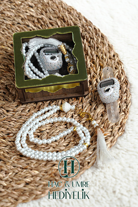 Hediyelik Tesbih Seti | Ahşap Kutulu Elektronik Tesbih ve 99lu İnci Tespih | Özel Gün Hediyesi