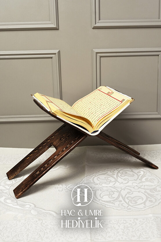 Rahle El Yapımı Masif Ahşap | Desenli Kulplu Kitap Okuma Standı | Büyük Boy Kuran Rahlesi