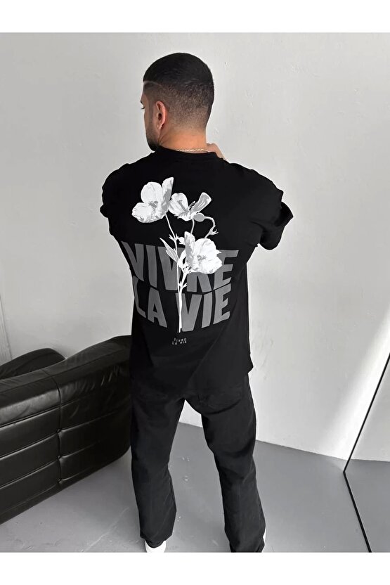 Baskılı Oversize Bisiklet Yaka T-shirt - Siyah