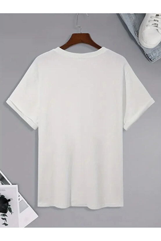 201 Penye Compack Palmiye Ön Baskılı Oversize Bisiklet Yaka Kısa Kol Yazlık T-shirt - Beyaz