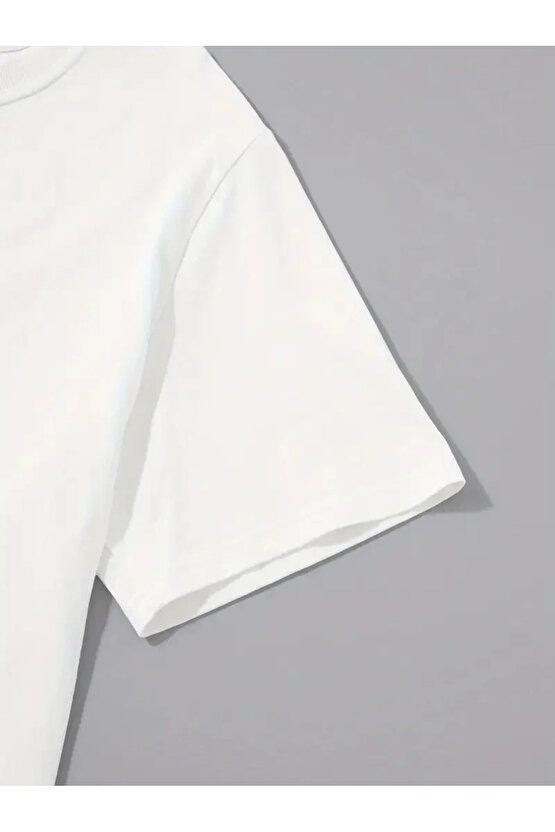 201 Penye Compack Palmiye Ön Baskılı Oversize Bisiklet Yaka Kısa Kol Yazlık T-shirt - Beyaz