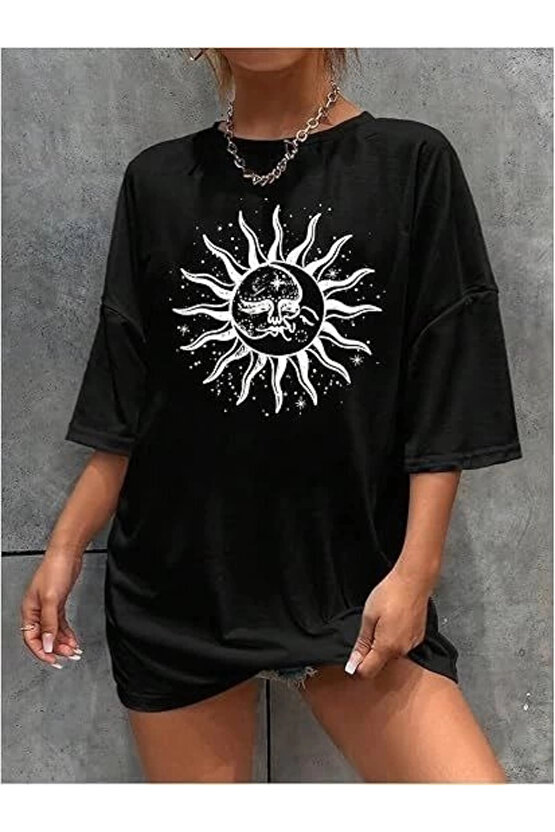 Kadın Bisiklet Yaka Baskılı T-shirt - Siyah